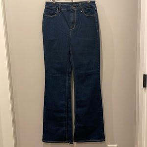 Old Navy 6 Long High-Rise Flare Dark Wash with Tan Stitching